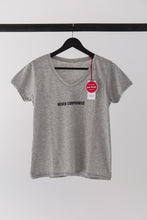 Load image into Gallery viewer, high-quality inspirational t-shirt grey saying: NEVER COMPROMISE