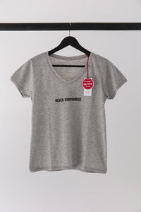 high-quality inspirational t-shirt grey saying: NEVER COMPROMISE