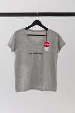 Load image into Gallery viewer, high-quality inspirational t-shirt grey saying: NO THANK YOU hangs on a hanger 