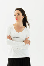 Load image into Gallery viewer, woman wears a premium quality slogan t-shirt white saying: Live by Choice not by Chance