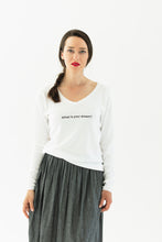 Load image into Gallery viewer, woman wears a premium quality slogan white t-shirt saying: What is your dream?