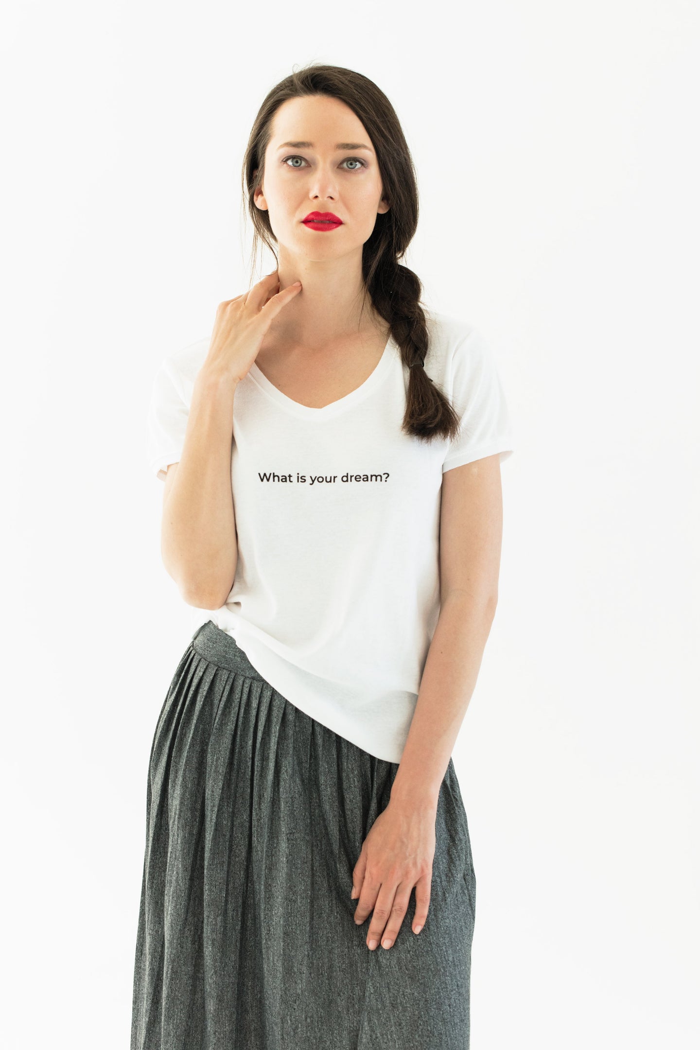 woman wears a premium quality slogan white t-shirt saying: What is your dream?